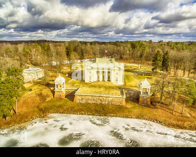 Trakai, Lithuania: Aerial UAV top view of Uzutrakis Palace in the winter