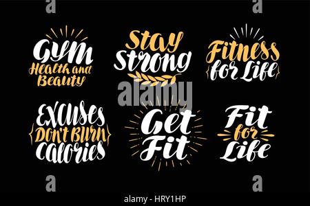 Fitness or Gym, label. Sports icons set, symbol. Lettering, calligraphy vector illustration Stock Vector