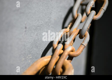 Gray painted door and rusted chain close up shot. Stock Photo