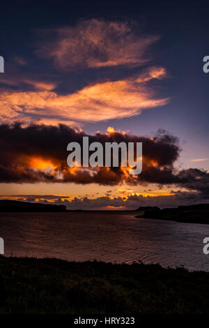 Sunset with crepuscular light across Loch Beag, Isle of Skye, looking out to Ullinish Point, Bracdale Point, Ardtreck Point and Isle Oronsay