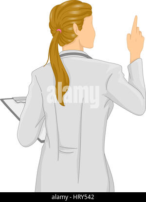 Rear View Illustration of a Girl Doctor holding Clipboard and pointing up Stock Photo