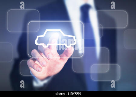 choosing car online concept, businessman pressing button on virtual screen to buy or rent Stock Photo