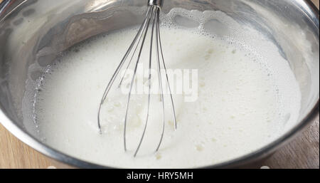 making liquid batter for crepes or blinis, 4k photo Stock Photo