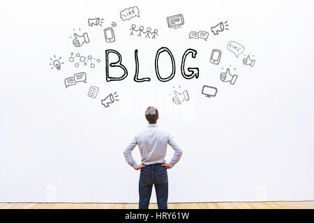 blog concept, business man looking at icon cloud blogging sketch Stock Photo