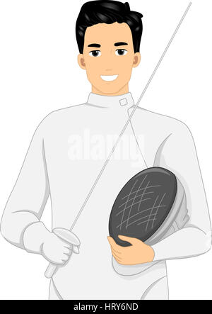 Illustration of a Fencer Holding a Fencing Stick in One Hand and a Face Mask in the Other Stock Photo