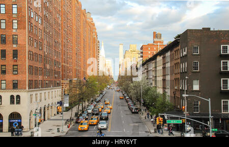 New York, USA - April 27, 2014: Street view on West 23rd Street and London Terrace Towers, apartment building complex, from the Hilgh Line park in Dow Stock Photo