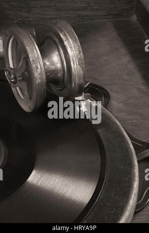 Antique Gramophone Phonograph 4 - Vintage Gramophone Phonograph Closeup With Turntable and Needle Stock Photo