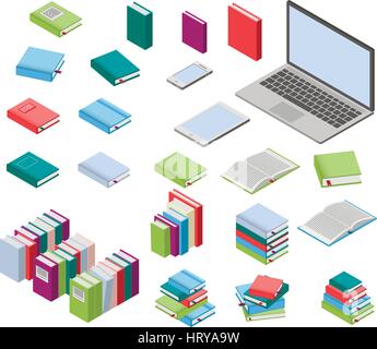 Isometric books and laptop set Stock Vector