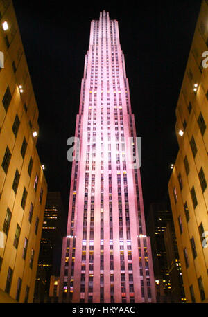 NEW YORK, USA - April 27 2014: Rockfeller Center illuminated at night. Stock Photo