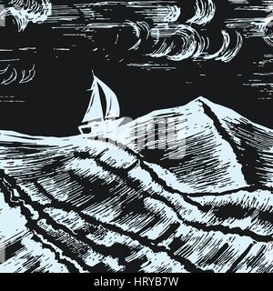 Sailing ship vector sketch swim in a storm on the big waves Stock Vector