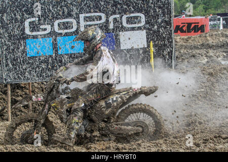 Pangkalpinang, Indonesia. 05th Mar, 2017. Racer covered in mud at motocross MXGP Indonesia Grand Prix on March 5, 2017 in Pangkalpinang City. Torrential rain ahead of the Grand Prix of Indonesia have forced Youthstream to cancel the MXGP and MX2 sessions at the second round of the FIM World Motocross Championship. Credit: Resha Juhari/Pacific Press/Alamy Live News Stock Photo