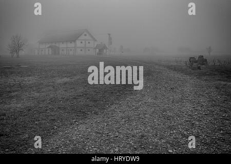farm in fog,  B&W, Selective focus and small depth of field, lens flare Stock Photo