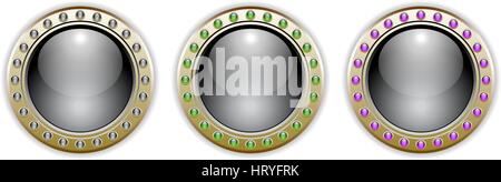 Ornate Black Vector Glossy Button Set with 3 Color Combinations of the Outer Ring Elements. Stock Vector