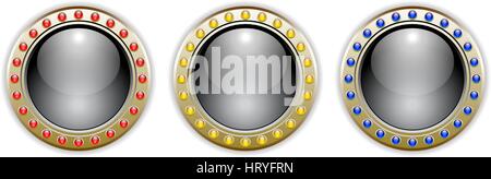 Ornate Black Vector Glossy Button Set with 3 Color Combinations of the Outer Ring Elements. Stock Vector
