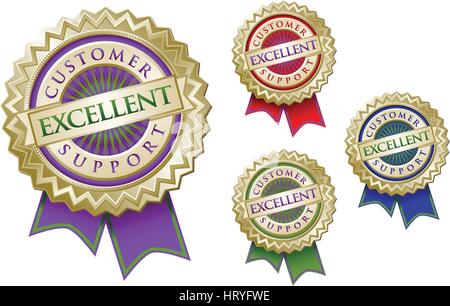 Set of Four Colorful Excellent Customer Support Emblem Seals With Ribbons. Stock Vector