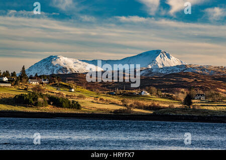 View of Glamaig, Red Cuillin Hills from Bayfield at Loch Portree, Isle of Skye, Scotland, on a winter's afternoon. Stock Photo