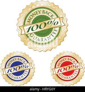 Set of Three 100% Money Back Guarantee Emblem Seals. Stock Vector