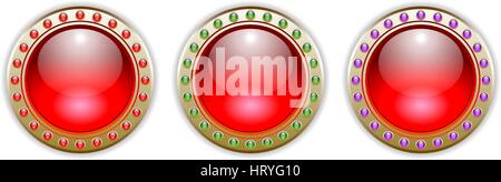 Ornate Red Vector Glossy Button Set with 3 Color Combinations of the Outer Ring Elements. Stock Vector