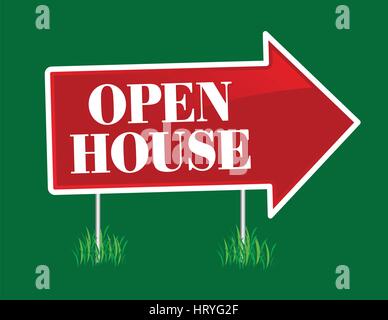 Red Vector Open House Real Estate Arrow Sign in Grass. Stock Vector