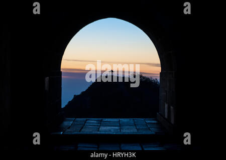 Pavilion in silhouette on the summit of Taishan, China Stock Photo