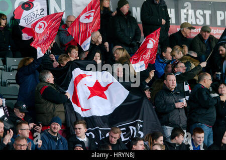 Newcastle upon Tyne, England, 5th March 2017. Saracens' supporters at their match against Newcastle Falcons in the AVIVA Premiership match at Kingston Park, Newcastle upon Tyne. Credit: Colin Edwards/Alamy Live News. Stock Photo