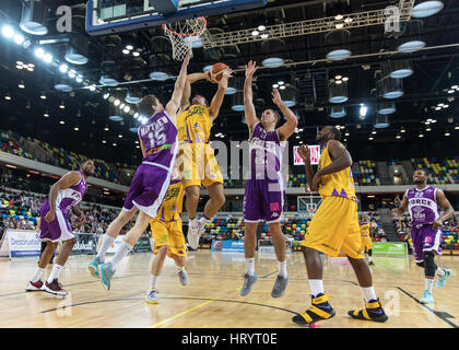 London, UK. 5th March, 2017. Leeds Force defeat  London Lions  92-81  at Copper box, Olympic Park, London. Lions' Kai Williams jumps to score. Leeds' no 15 Eddie Matthew jumps to defend. Credit Carol Moir/AlamyLiveNews. Stock Photo