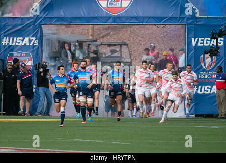 Las Vegas, NV, USA. 4th Mar, 2017. England' and the US take the field prior to Pool B play of the rugby sevens match between the USA and England at Sam Boyd Stadium in Las Vegas, Nv. England defeated the US 24-17. Damon Tarver/Cal Sport Media/Alamy Live News Stock Photo
