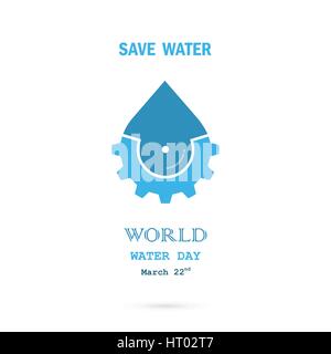 Water drop with cog icon vector logo design template.World Water Day idea campaign for greeting card and poster.Vector illustration Stock Vector