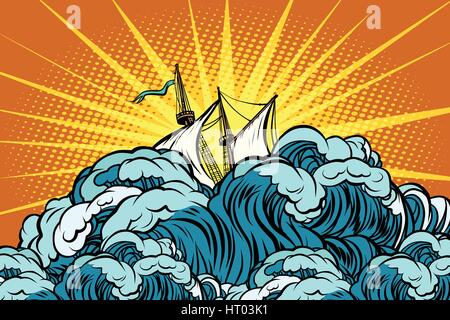 Retro sailing ship sinks in stormy waves Stock Vector