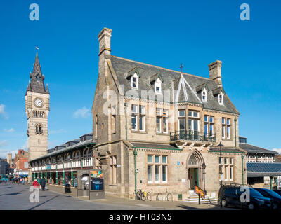 Victorian covered market and Clock Tower  West Row Darlington Co. Durham UK Stock Photo