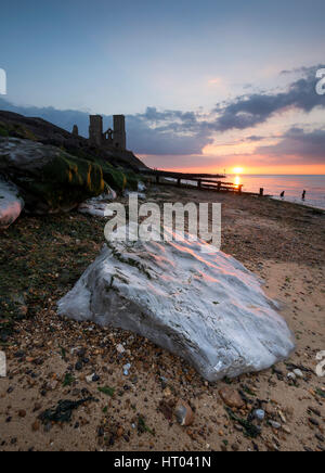 The Reculver Towers and Roman Fort on the North Kent coast at sunset. Stock Photo