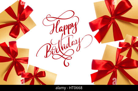 background for greeting card boxes with red bow and text Happy Birthday. Calligraphy lettering Stock Photo