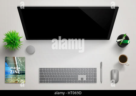 Modern journalist, reporter studio desk with blank computer display for mockup. Top view scene with plant, magazine, pens, coffee, mouse, pen, keyboar Stock Photo