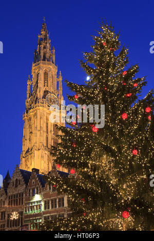 The Cathedral of Our Lady (1521) during Christmas time in Antwerp, Belgium Stock Photo