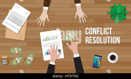 conflict resolution concept illustration with two people discuss and money, paperworks, folder document and vase on top of table Stock Vector