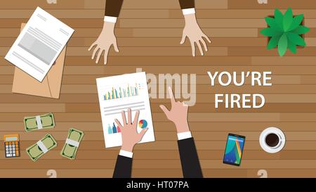 you're fired illustration with man pointing to another man, and paperworks, money and folder document on top of table Stock Vector