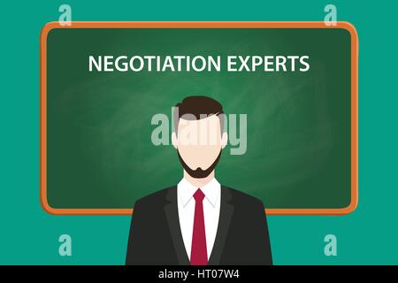 negotiation experts white text illustration with a beard man wearing black suit standing in front of green chalk board Stock Vector