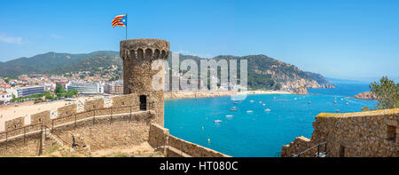 Panoramic view of ancient fortress and beach in Tossa de mar. Costa Brava, Spain Stock Photo