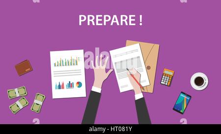 prepare white text illustration with a man writing on paperworks and money, calculator and folder document on top of table Stock Vector