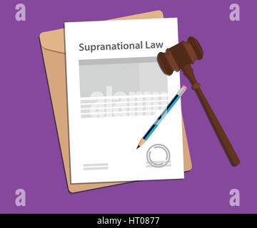 supranational law agreement stamped with folder document, blue pencil and judge hammer Stock Vector