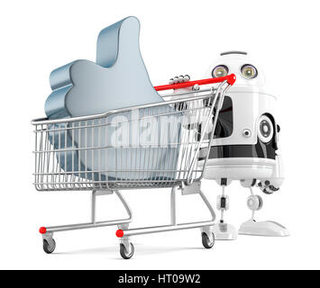 Robot with shopping cart and LIKE symbol. Isolated over white. Contains clipping path. 3d illustration Stock Photo