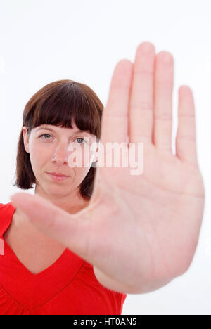 Woman With Sprawled Out Hand Symbolic For Stop Stock Photo Alamy