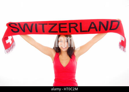 Schweiz-Fan - Frau mit Schweiz-Fanschal - Swiss fan, woman with fan scarf Stock Photo