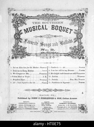 Sheet music cover image of the song 'The Southern Musical Boquet [sic] Favorite Songs and Ballads No 2 Rock me to Sleep, Mother', with original authorship notes reading 'Poetry by Florence Percy Music by Ernest Leslie', 1900. The publisher is listed as 'John C. Schreiner and Son, Cotton Avenue', the form of composition is 'strophic with chorus', the instrumentation is 'piano and voice', the first line reads 'Backward, turn backward, Oh Time, in thy flight, Make me a child again just for tonight', and the illustration artist is listed as 'James F. Weeks, Printer, Cotton Avenue, Macon, GA'. Stock Photo