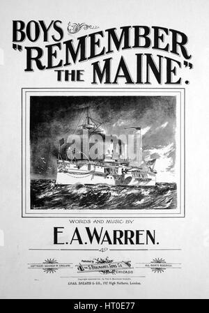 Sheet music cover image of the song 'Boys, 'Remember the Maine'', with original authorship notes reading 'Words and Music by EA Warren', United States, 1898. The publisher is listed as 'S. Brainard's Sons Co.', the form of composition is 'strophic with refrain', the instrumentation is 'piano and voice', the first line reads 'For God and home and native land we're marching to the sea First line of refrain The stars and stripes are waving on the land and sea, underneath this banner Cuba shall be free', and the illustration artist is listed as 'None'. Stock Photo