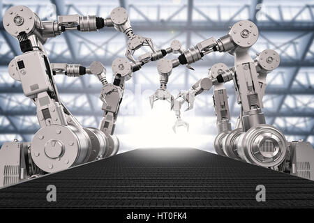3d rendering white robotic arms with empty conveyor belt Stock Photo