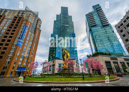 Modern buildings and the National Katyń Memorial in Harbor East, Baltimore, Maryland. Stock Photo