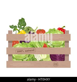 Wooden crate of farm fresh vegetables with cauliflower, tomatoes, broccoli, cabbage, eggplant and colorful sweet bell peppers in a wooden box Stock Vector
