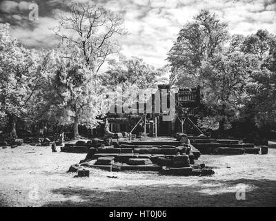 Infrared image of Khmer architechture in Angkor wat, Cambodia Stock Photo