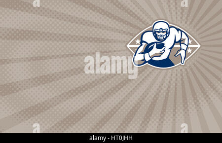 Business card showing Illustration of an american football gridiron running back player running with ball facing front done in retro style. Stock Photo